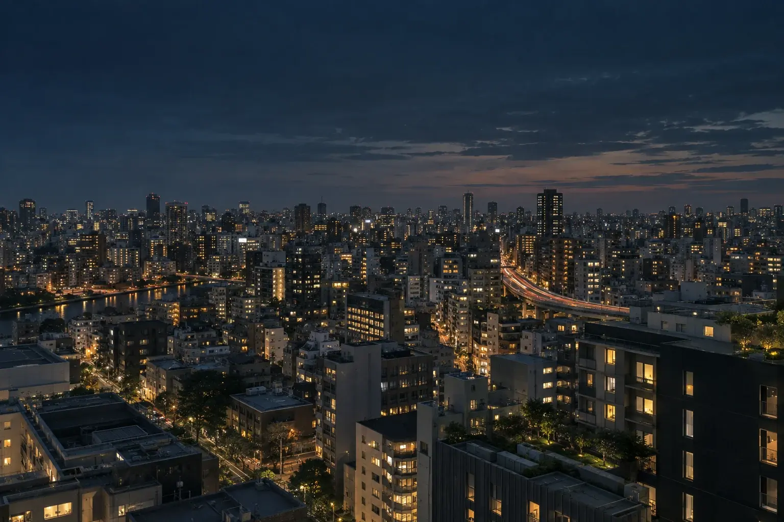 灯りがともる架空の都市の夜景（AI生成）
