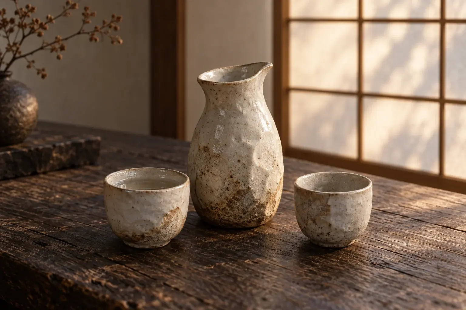 障子からの光を受ける徳利とお猪口（AI生成）